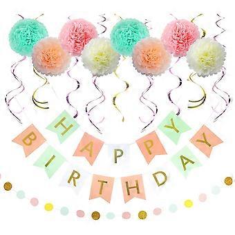 Birthday Decorations, Tri-Color Happy Birthday Decorations for Women, Happy Birthday Banners, Hanging Swirls, Paper Garland and Flowers for Kids Dini 