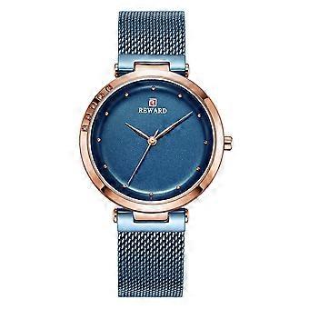 REWARD Simple Fashionable Business Women Alloy Mesh Belt Quartz Wristwatch Rose Gold Case+Blue