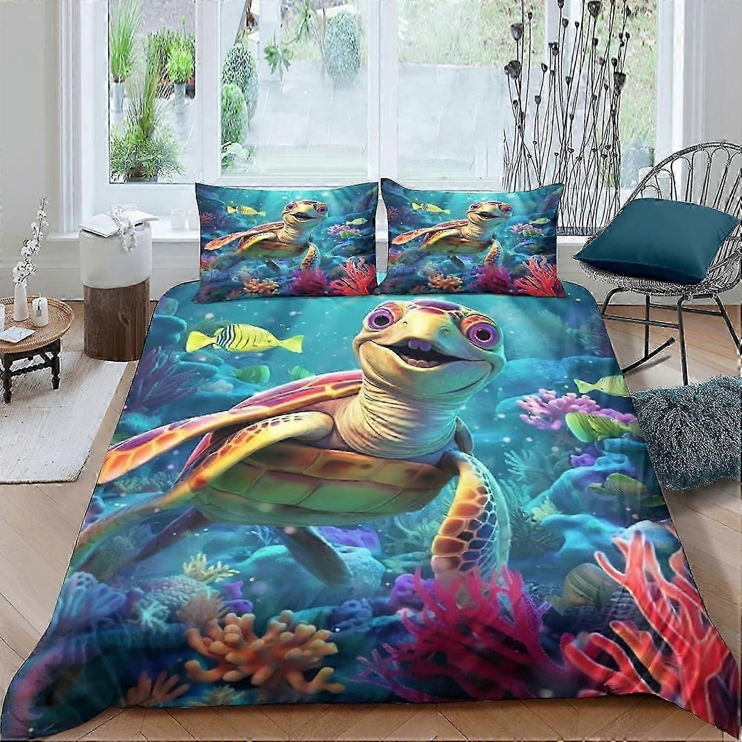 J3872 Bed Sheets Double Duvet Cover Set 3D Animal Turtle Printed Bedding Sets With Zipper Closure For Home Decro Soft Microfiber Bedding Double Bed Se