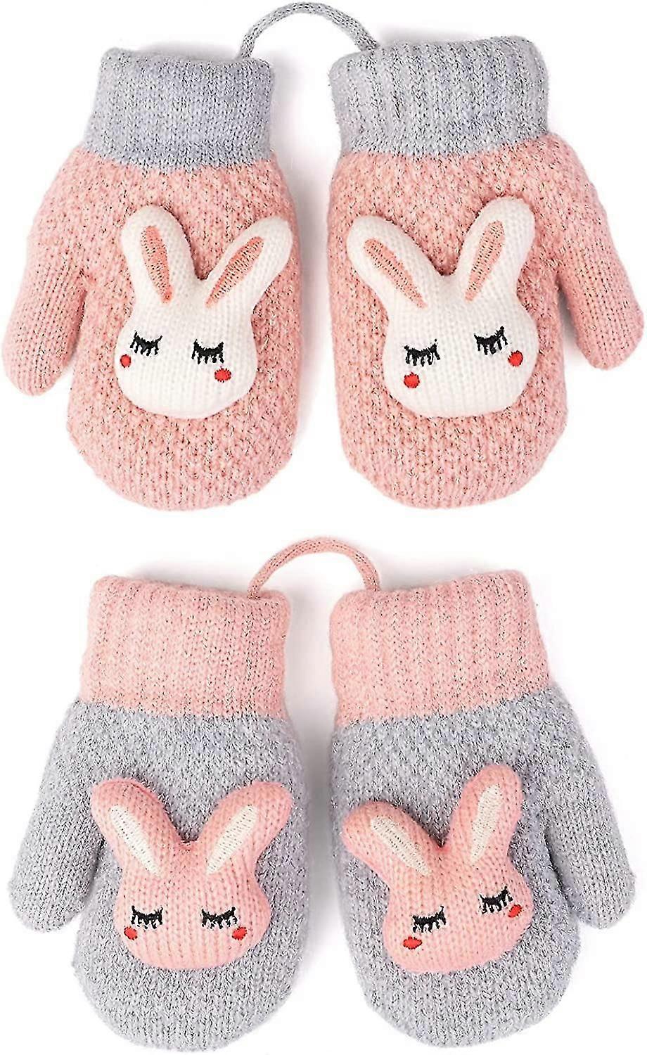 2 Pairs Kids Mittens With String W Warm Stretch Knit Full Finger Snow Gloves ldren Magic Ski Gloves Fce Lined,2641