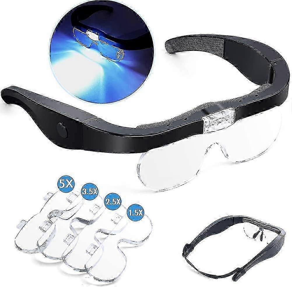 Head Magnifier Glasses With 2 Led Lights, Usb Rechargeable Led Magnifying Glass Eyeglasses Hands Free For Hobbies Reading Craft Close Work, 4 Detachab