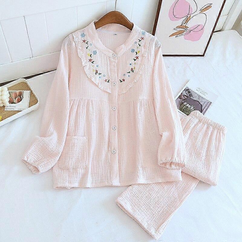2025 New Spring and Autumn Women's Pajama Set 100% Cotton Crepe Embroidery Home Suit Long Sleeve Long Pants Thin Large Size Set