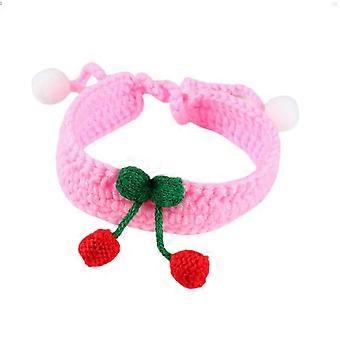 Cat Collar Cute Hand Knitted Collar with Cherry Pet Adjustable Bandana Costume Puppy Accessories Scarf for Cats Small Dogs L