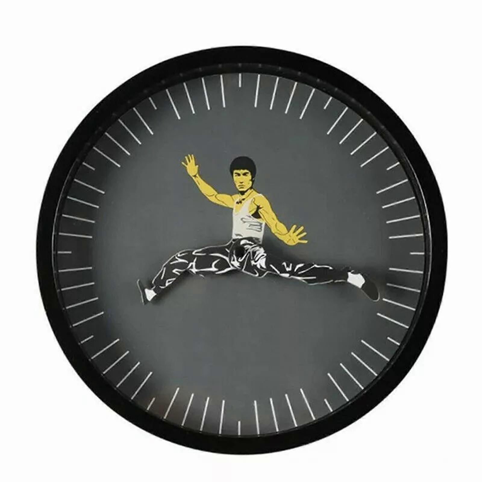 Black Home Decor Bruce Lee Kung Fu Round Silent Wall Clock