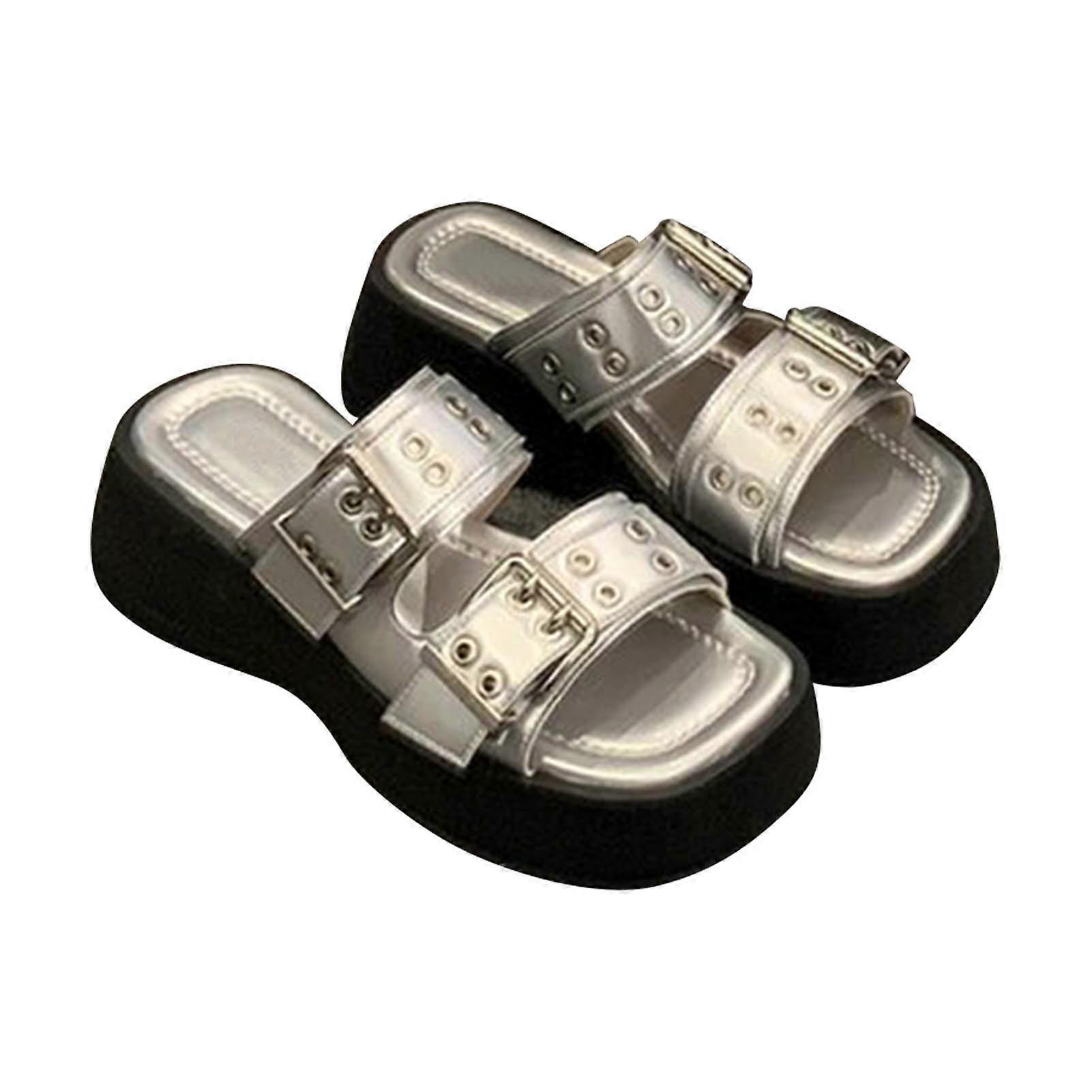 Women Slipper Summer Open Toe Thick Rubber Bottom Adjustable Double Buckle Non Slip Sandal for Travel Shopping