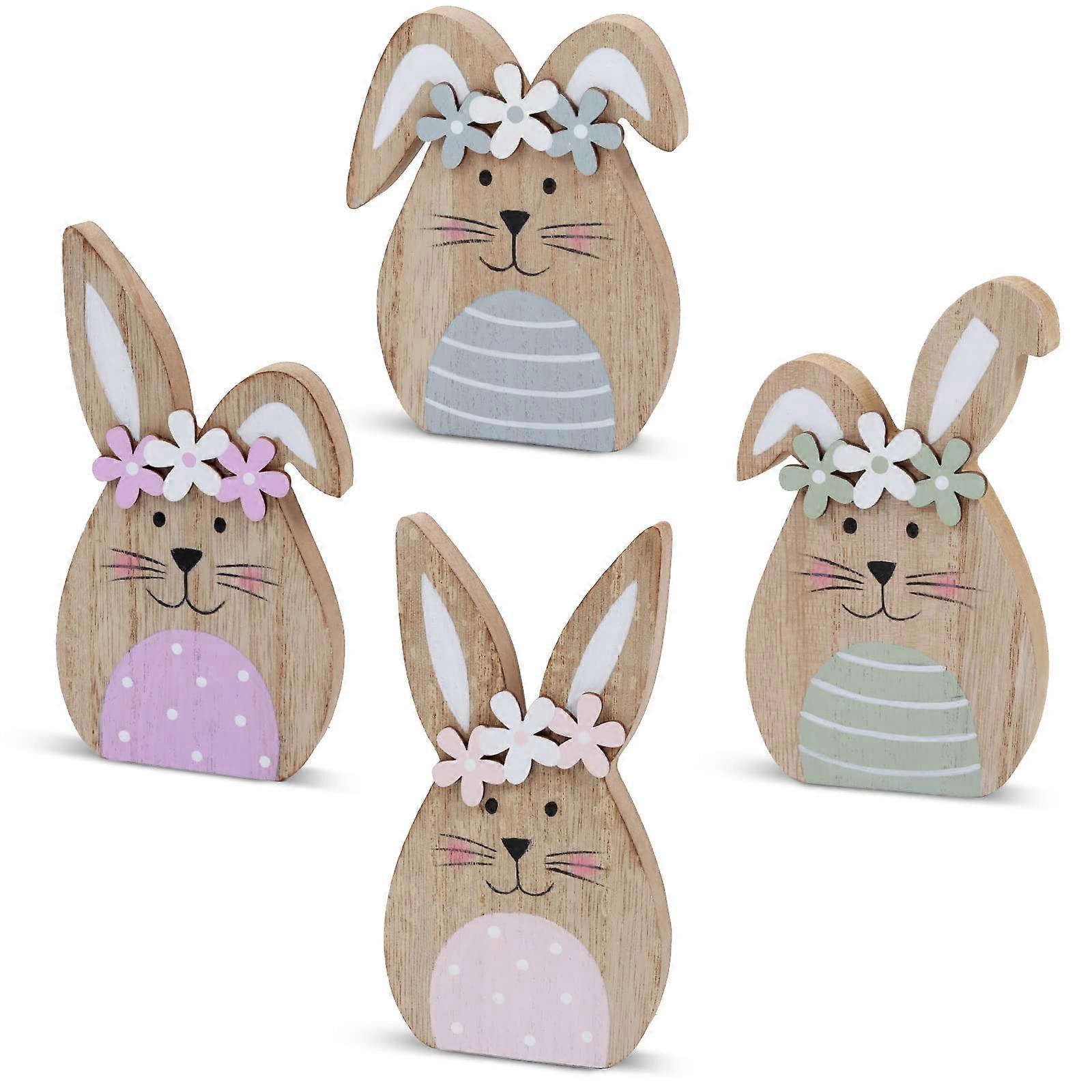 Wooden Rabbit Table Decorations 4 Pack - Easter Decor, Spring-Themed Wooden Bunnies, Rustic Home Accent