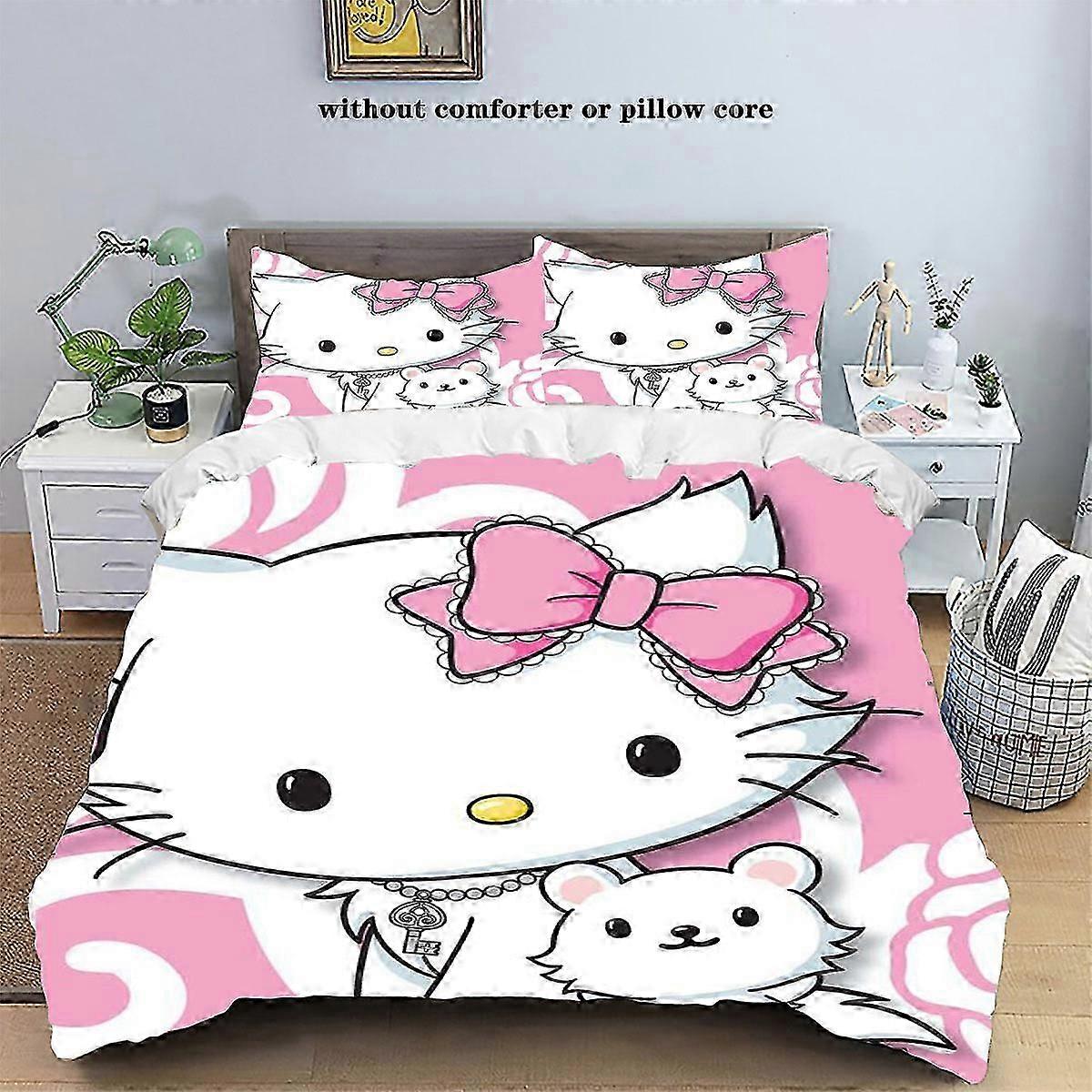 o2690 ملاءات السرير SanrioHello Kitty المطبوعة المنزل ثلاث قطع مجموعة كيتي القط غطاء لحاف كيتي القط غطاء لحاف مريح بالحجم الكامل ملاءات السرير fVV2690