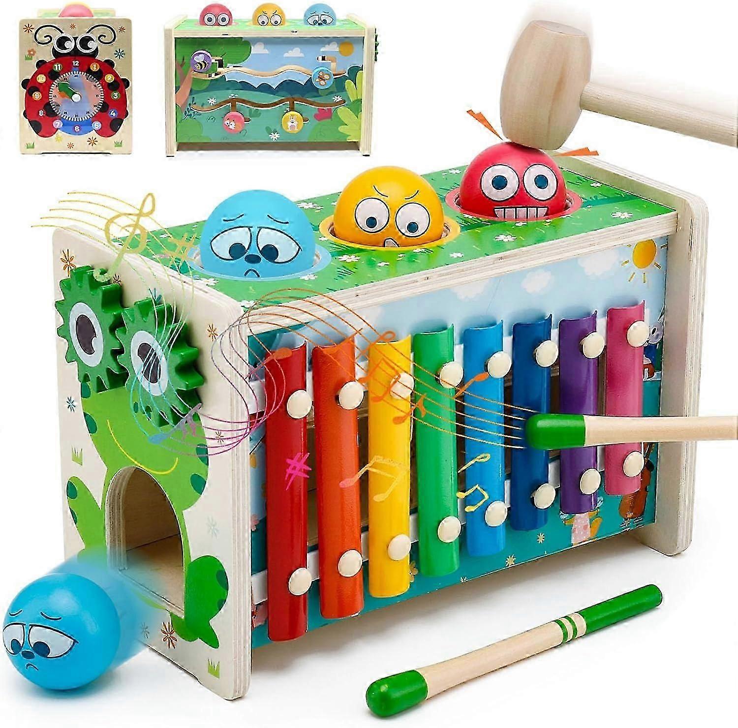 6-in-1 Pound A Ball Toy for Toddlers 1 2 3 - Hammering Pounding & Tapping Toy with Xylophone, Gear, Clock, & Color Matching Sliding Game