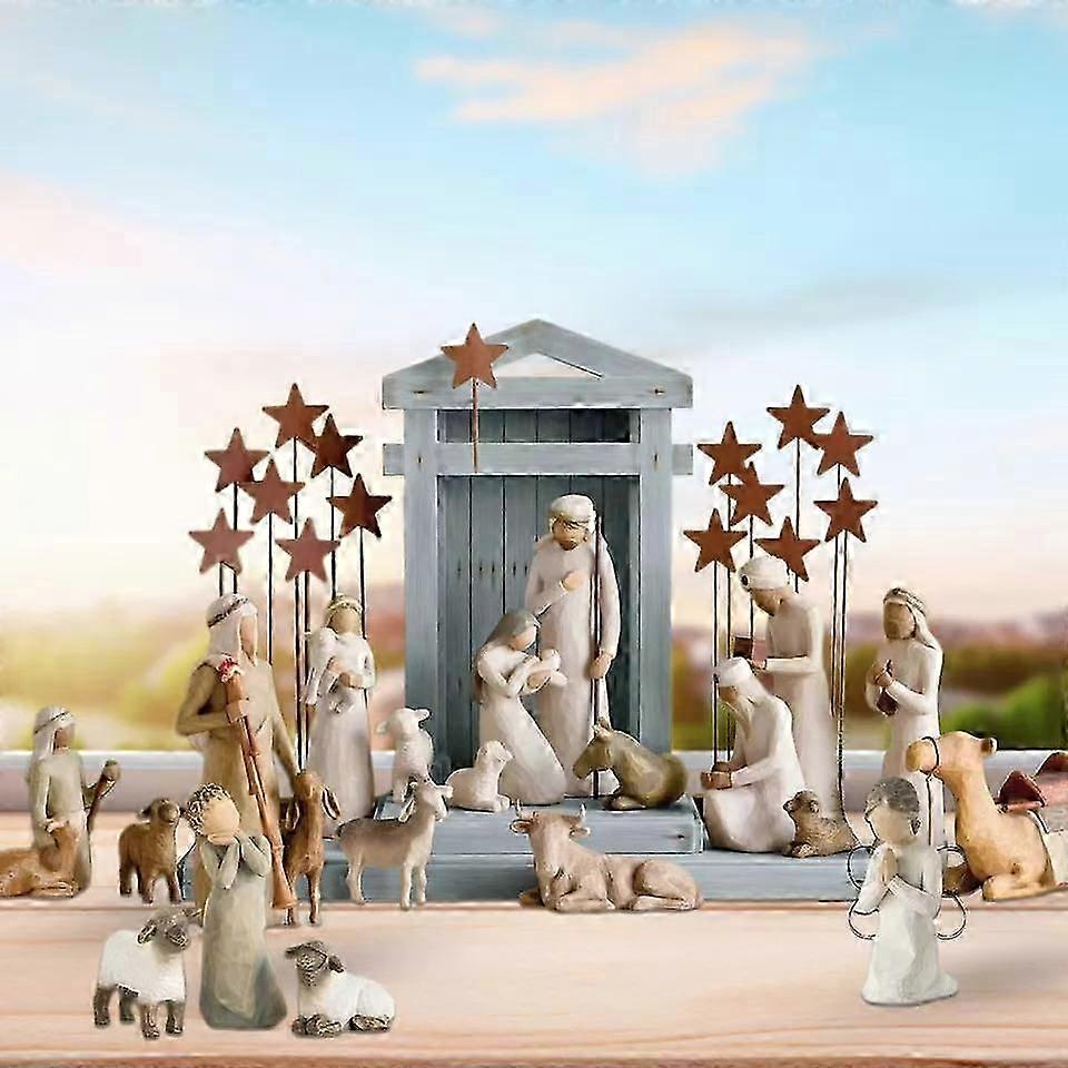 Conjunto de 22 Figuras Iniciais de Presépio de Resina com Três Reis Magos + Estrelas de Metal