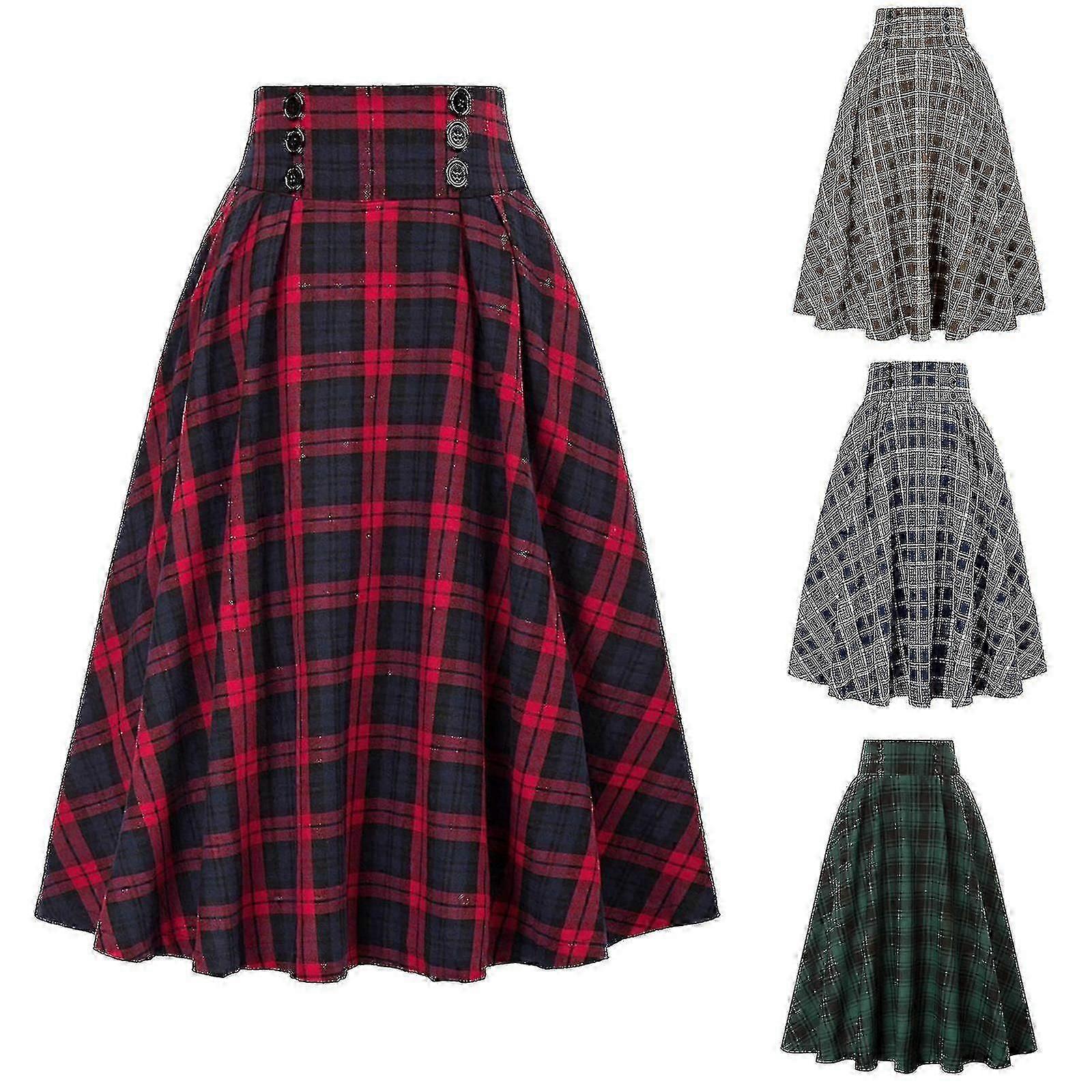 Womens Plaid Wool Skirts Elastic Waist A-line Pleated Tartan Long Skirts