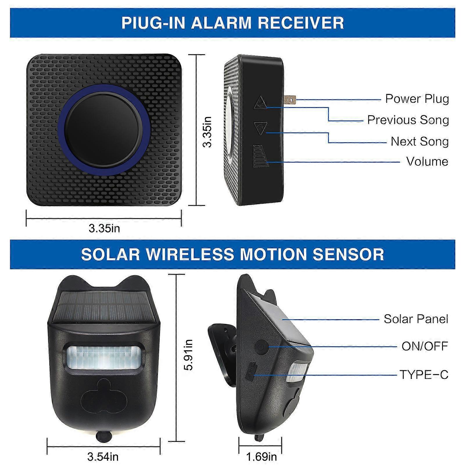 Solar Driveway Alarm Wireless 984ft Range 2 Sensor 1 Receiver