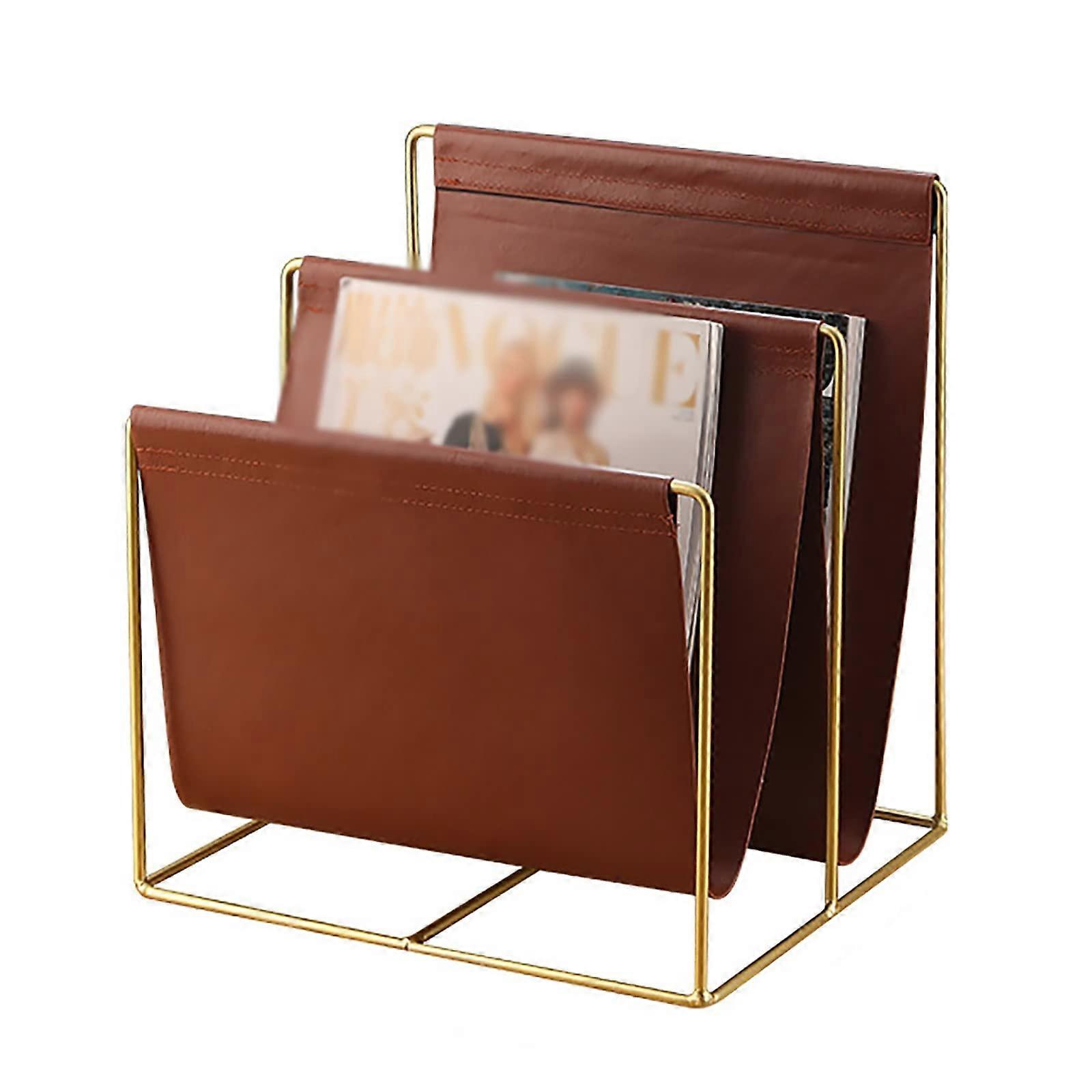 Floorstanding magazine rack, double bookshelf,spaper rack made of iron, Brown 32.3x28.7x35cm