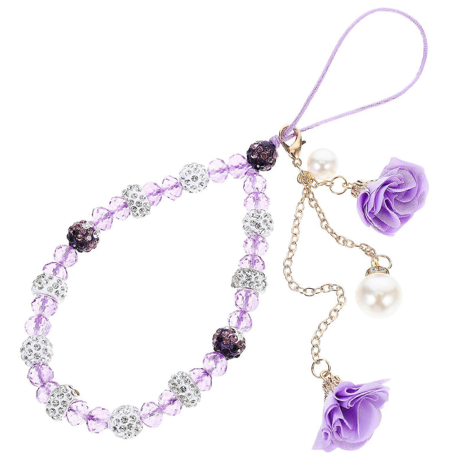 Cell Phone Pendant Crystal Beaded Phone Wrist Strap For Daily Use Purple Flower Shape Non-Slip 1Pack