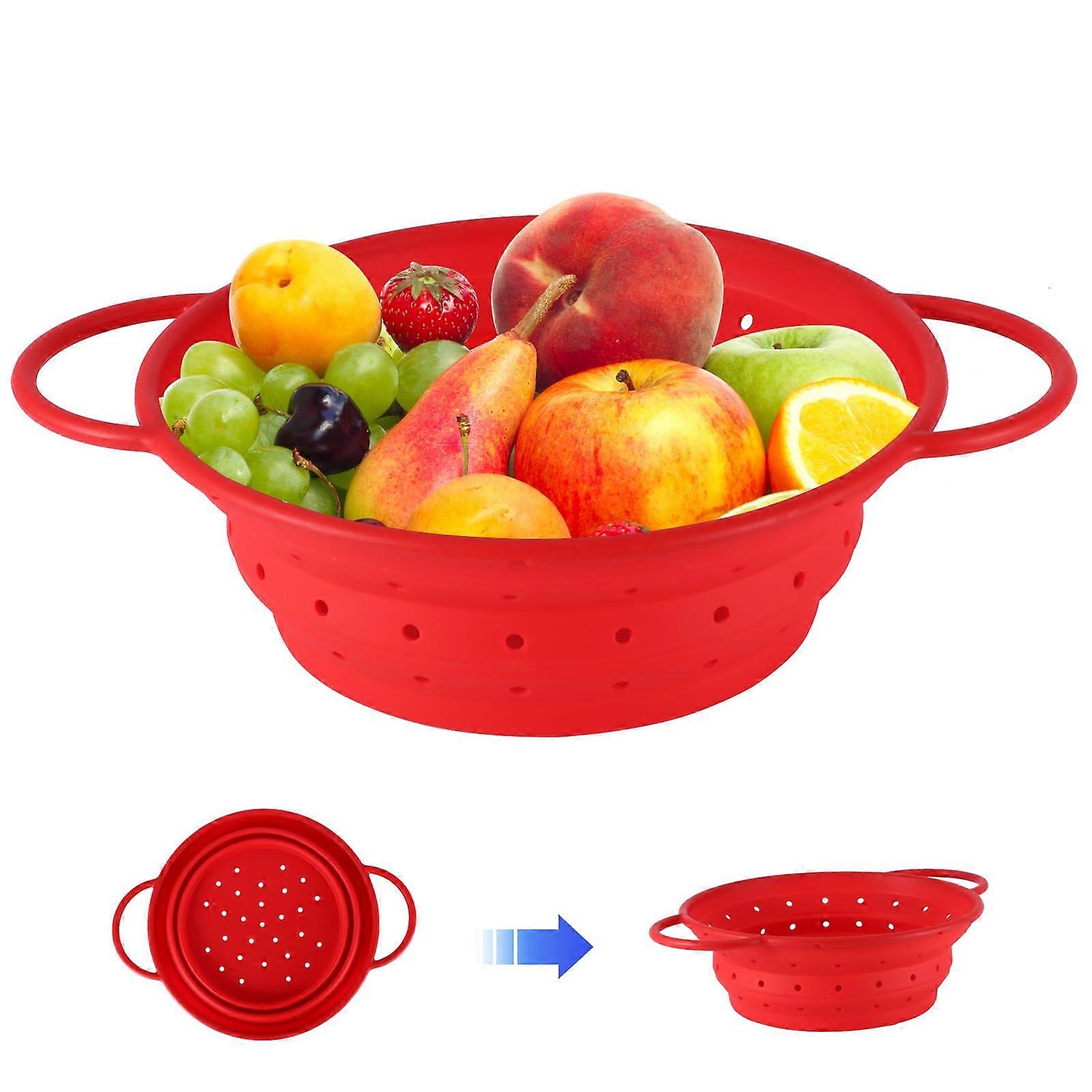Collapsible Silicone Strainer 28cm Heat Resistant Foldable Pasta Strainer Space-Saving Dishwasher Safe Red