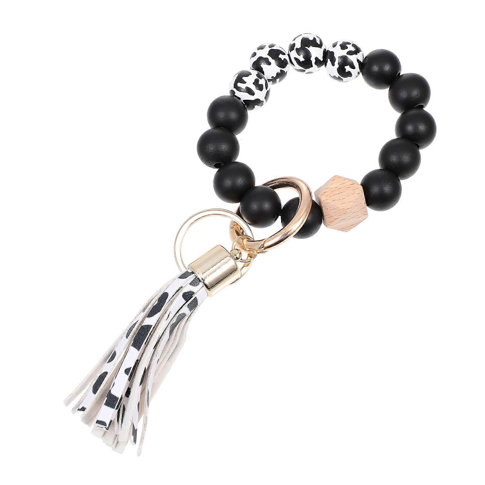 Beaded Key Chain Bracelet Round Beads Securing Keys For Handbag Black 20X3CM 1Pack