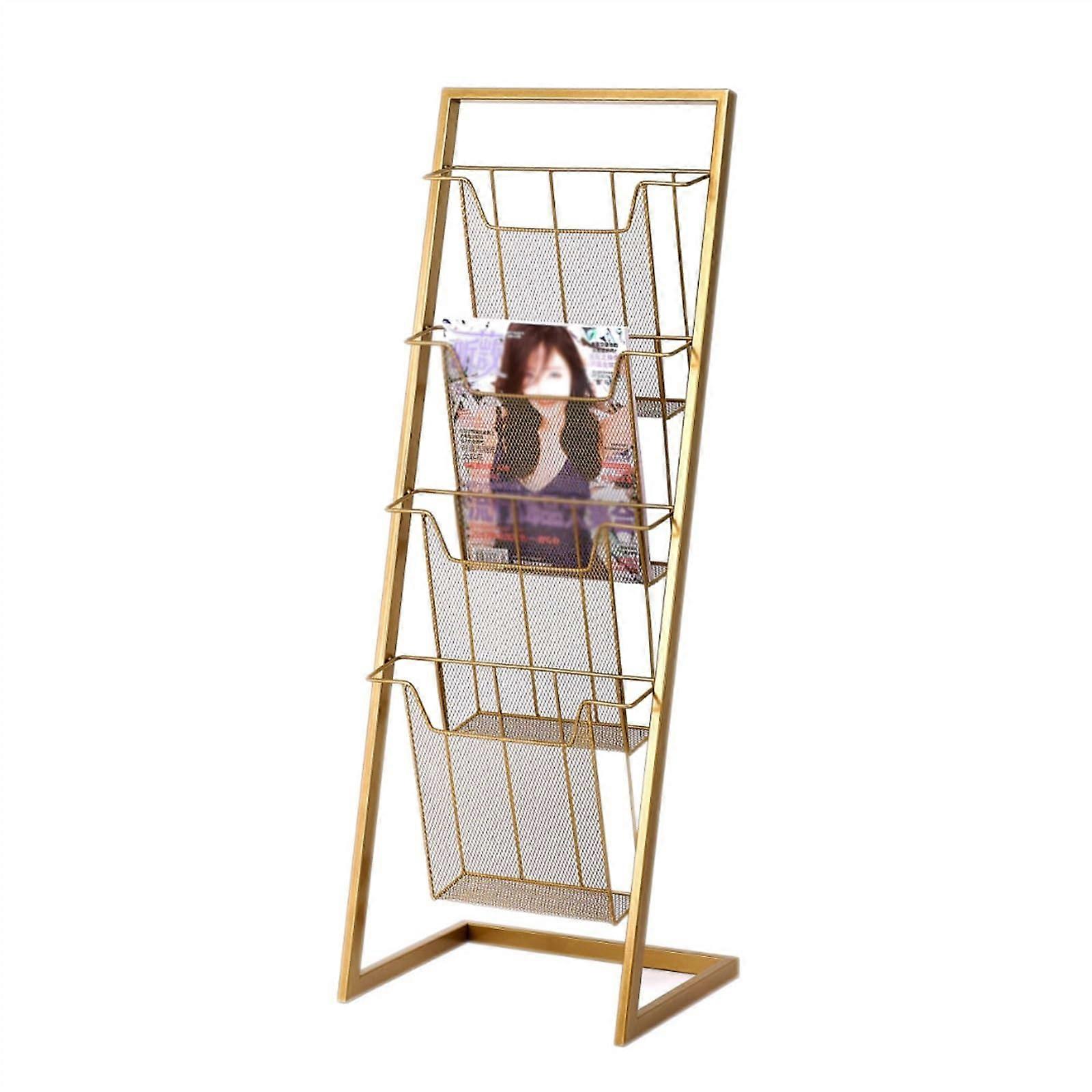 Magazine Stand Floor Display Holder with 4 Pockets for Brochures, Literature and Newspapers, Adjustable Size, Black