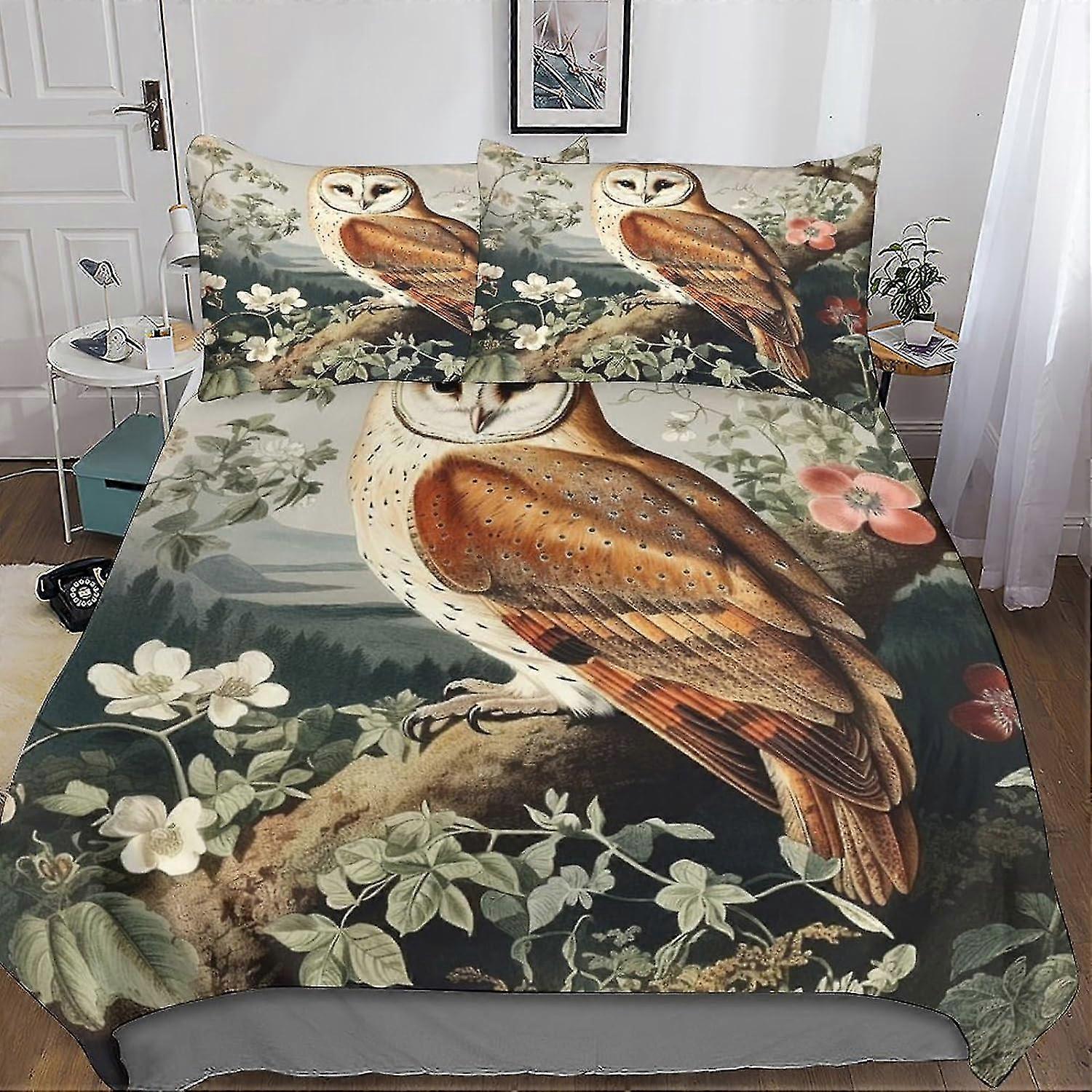Conjunto de Cama de Capa de Edredom de Coruja Fofa para Crianças e Adolescentes, 3 Peças com Flores Coloridas e Fecho de Zíper