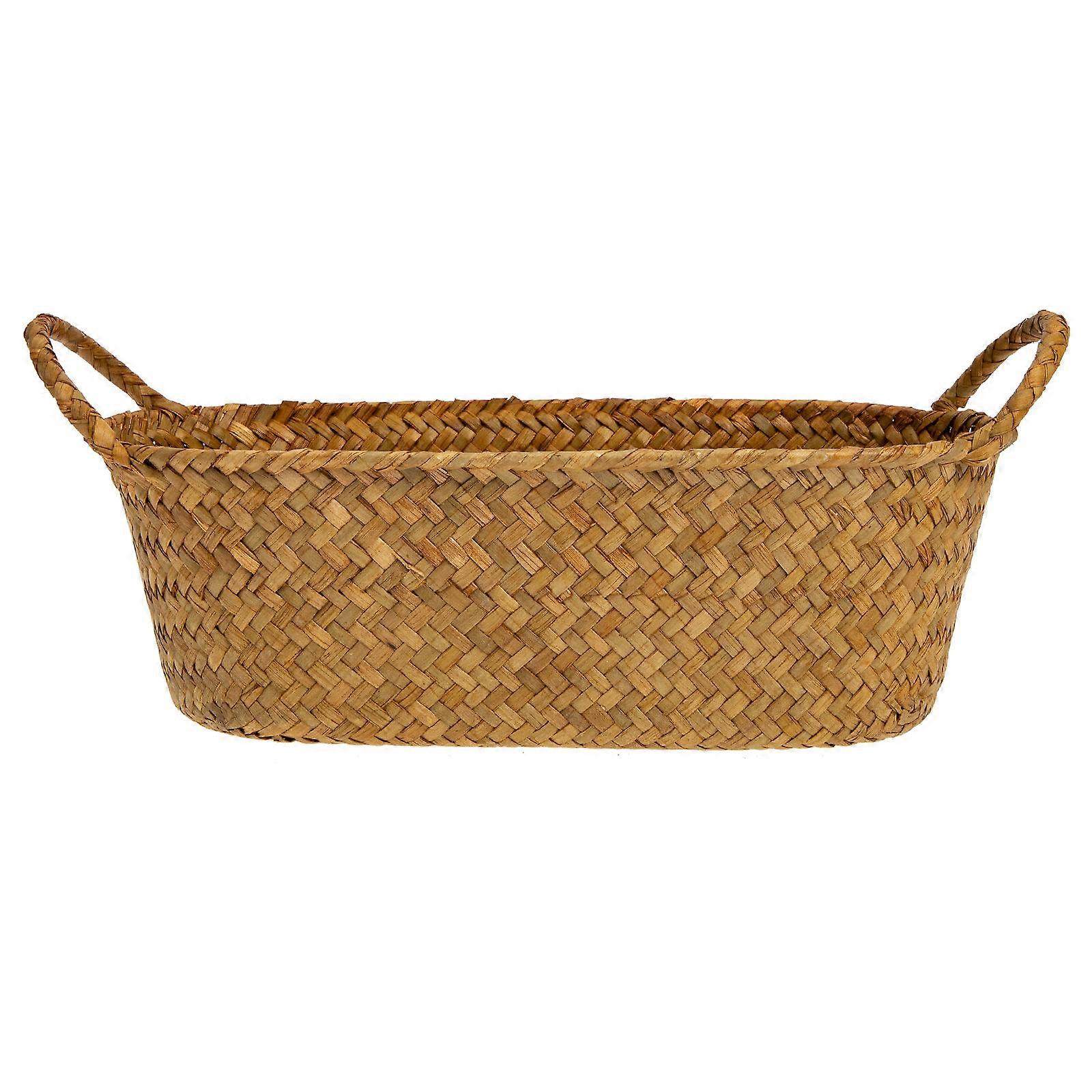 Basket With Handle Straw Woven For Cosmetics Storage Box Home Organization Rectangular Rush Grass 11.8×5.1×3.5in 1Pcs