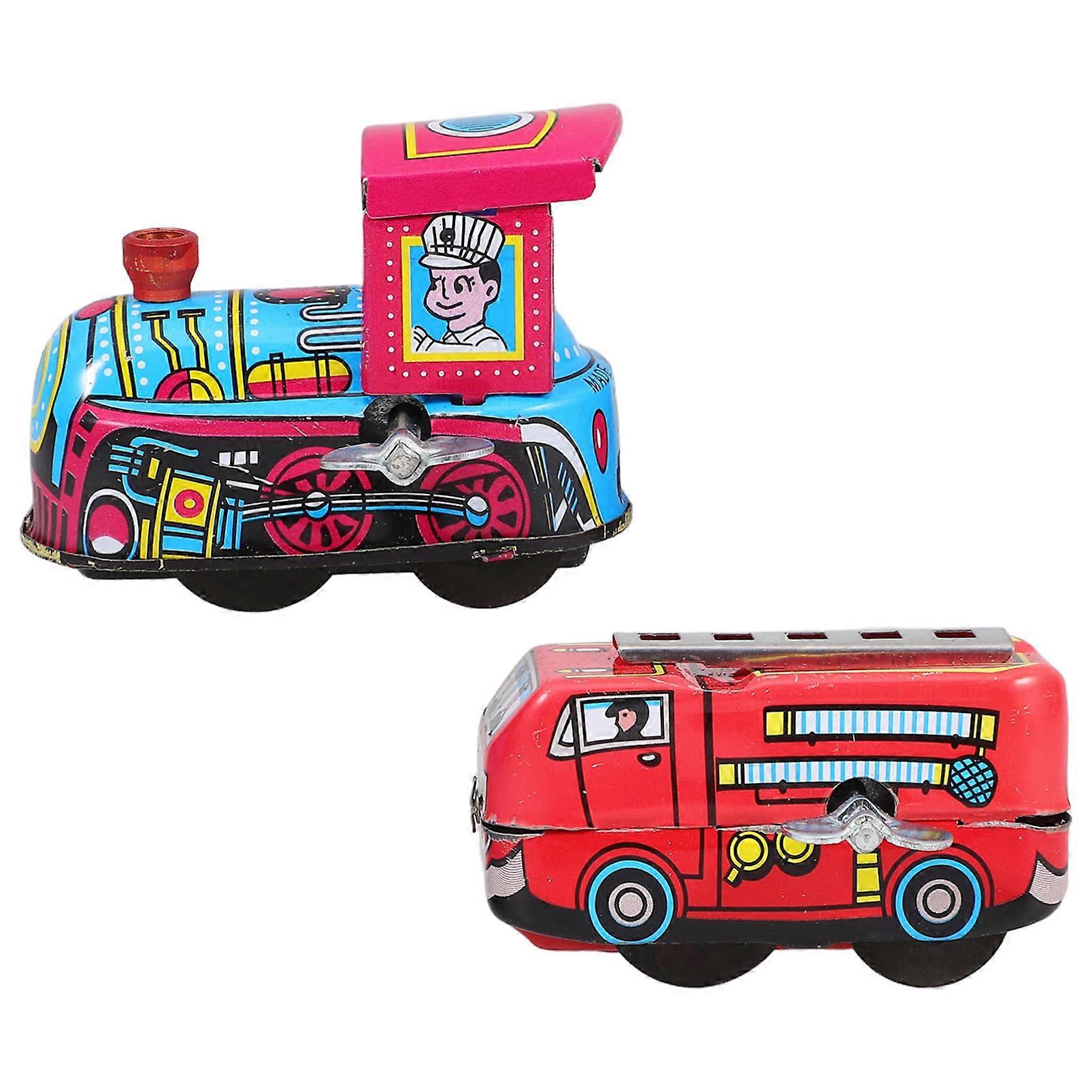 2 Pieces Vintage Iron Tin Plate Wind Up Train Toy Set for Boys and Girls, Retro Mechanical Toy, Classic Design