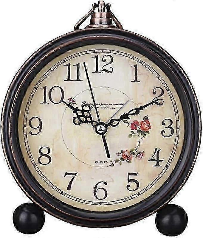 2025 Vintage Retro Table Clock Metal Gold Silent Desk Clock Non Ticking Decorative Mantle Clock Farmhouse Style Table Clock (1pc, dark brown)