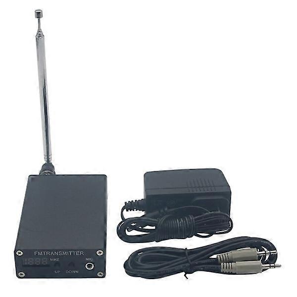 Mini stereo FM MP3 transmitter radio station 1MW PLL 87-109MHz with power adapter, antenna and shielded cable, EU plug.