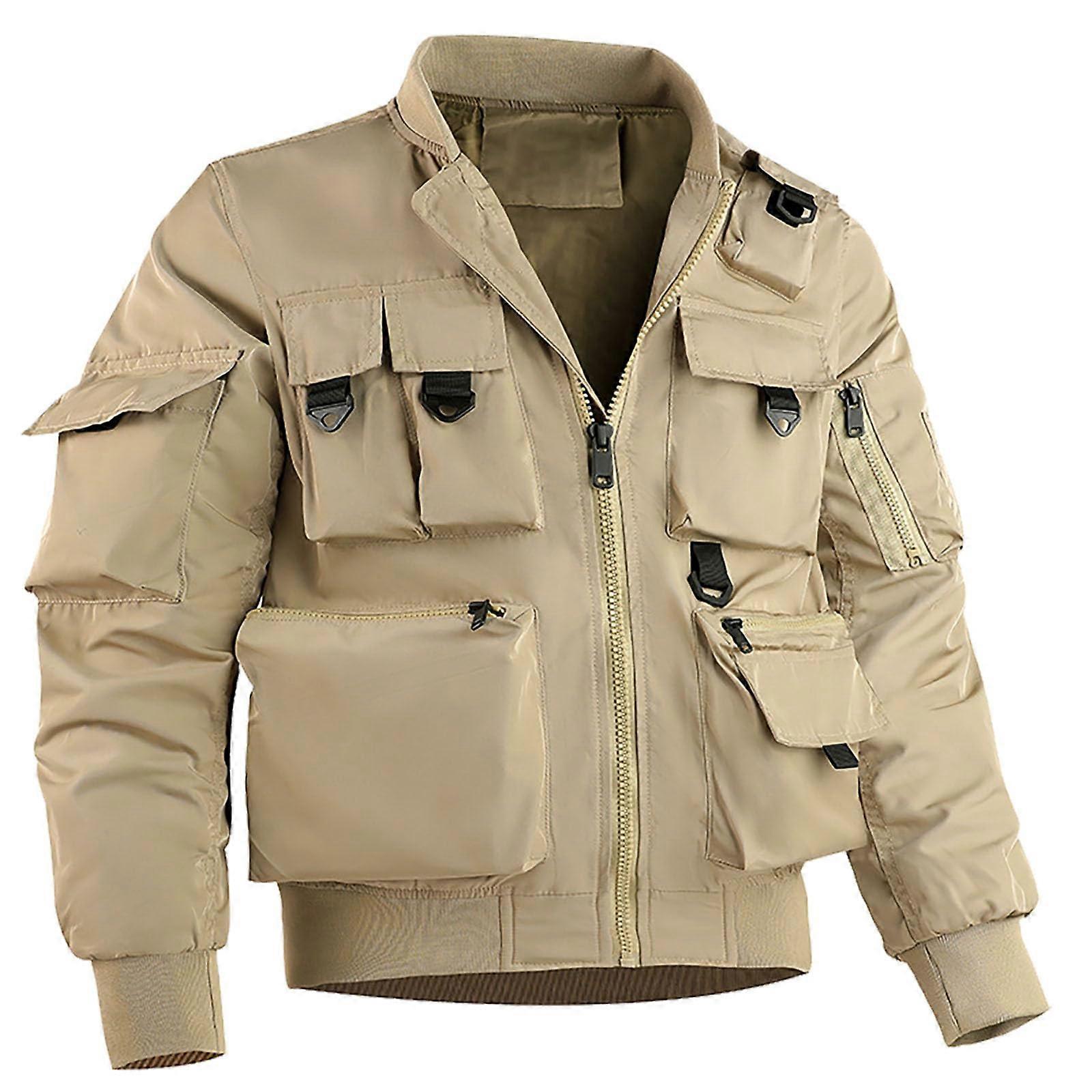 Transition Jacket Mens Lightweight Autumn Aviator Bomber Style Standup Collar Cotton Khaki 4XL Cargo Pockets