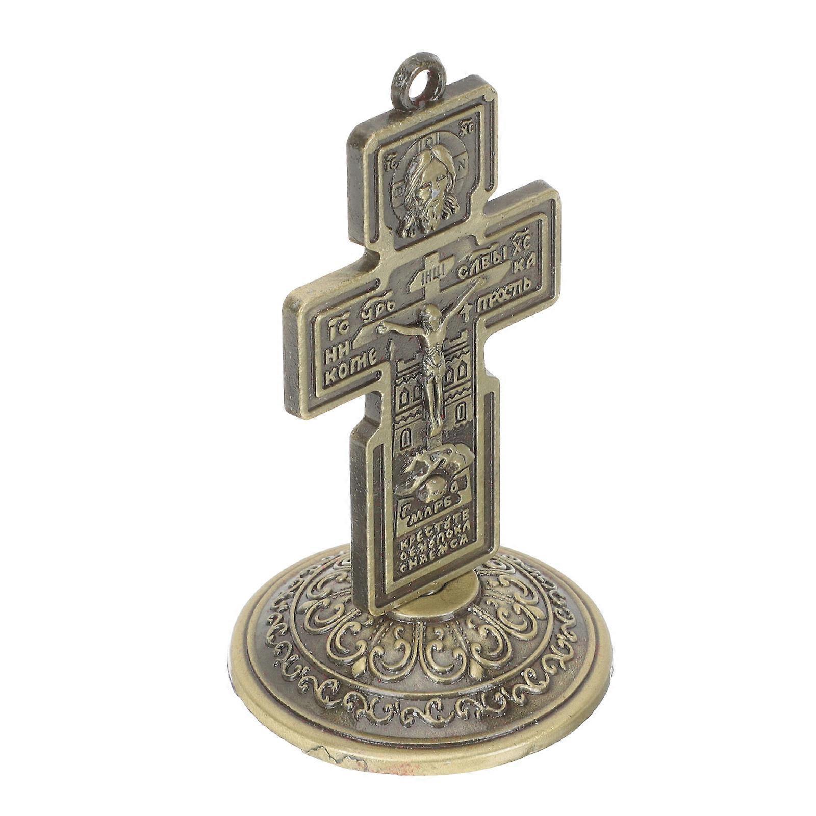 Retro Golden Cross Tabletop Ornament For Vehicle Church Decor 1Set