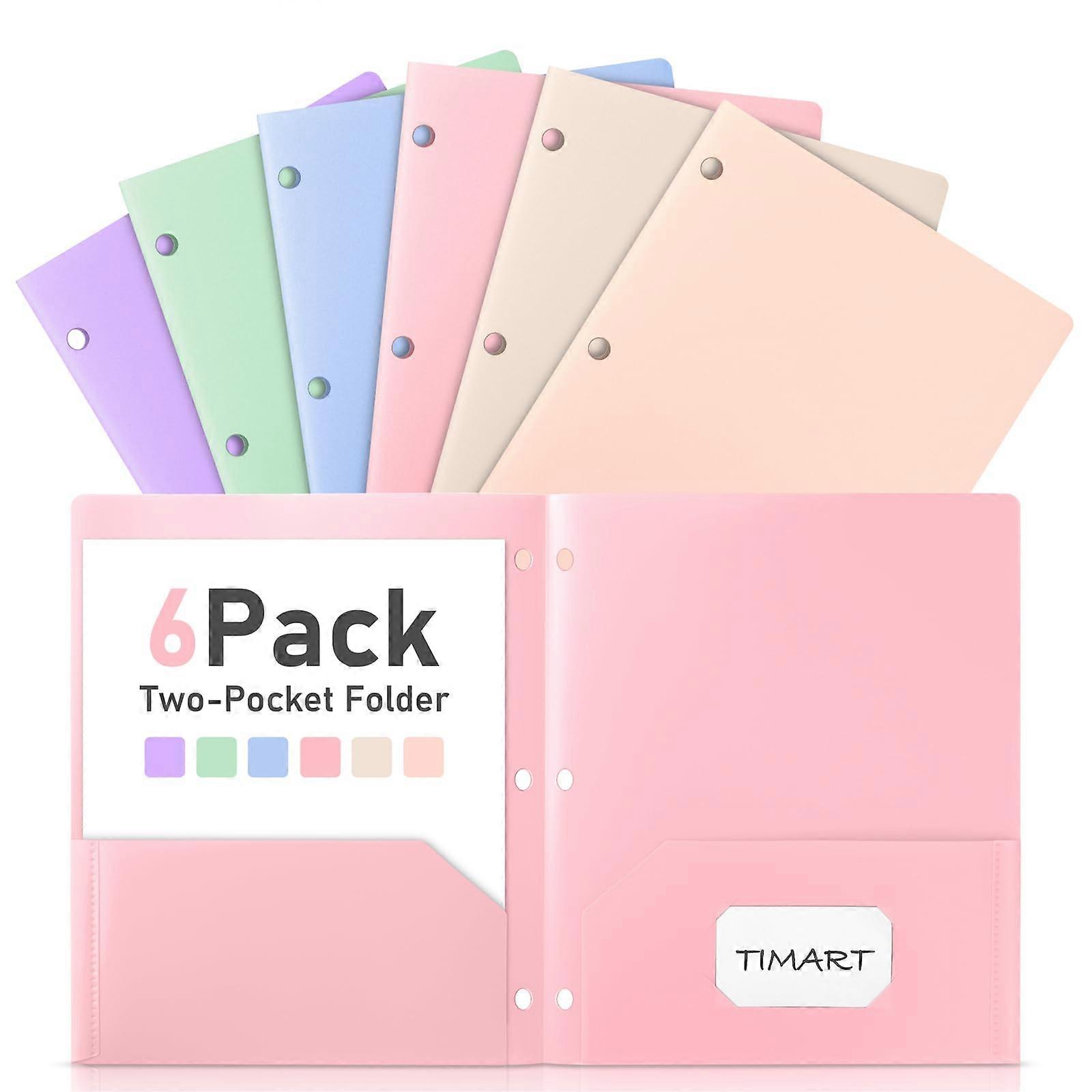 Binder with Pockets, 3-Hole Punched, 2 Pockets, Durable Plastic, Fits 3-Ring Binders, Letter Size, Pastel Colors, 6 Pack