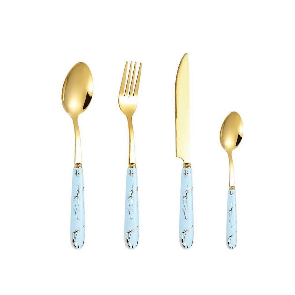 4 Piece Marble Pattern Handle Cutlery Set - Ceramic Stainless Steel Knife Fork Spoon Kitchen Tableware Gold Reusable