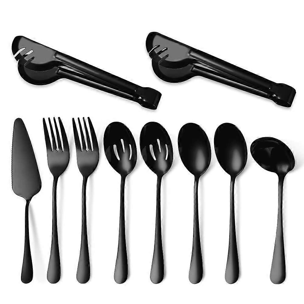 Stainless Steel Serving Utensils 10Piece Set With Serving Spoon Forks Tongs Cake Slicer Pizza Pie Server Knife Black