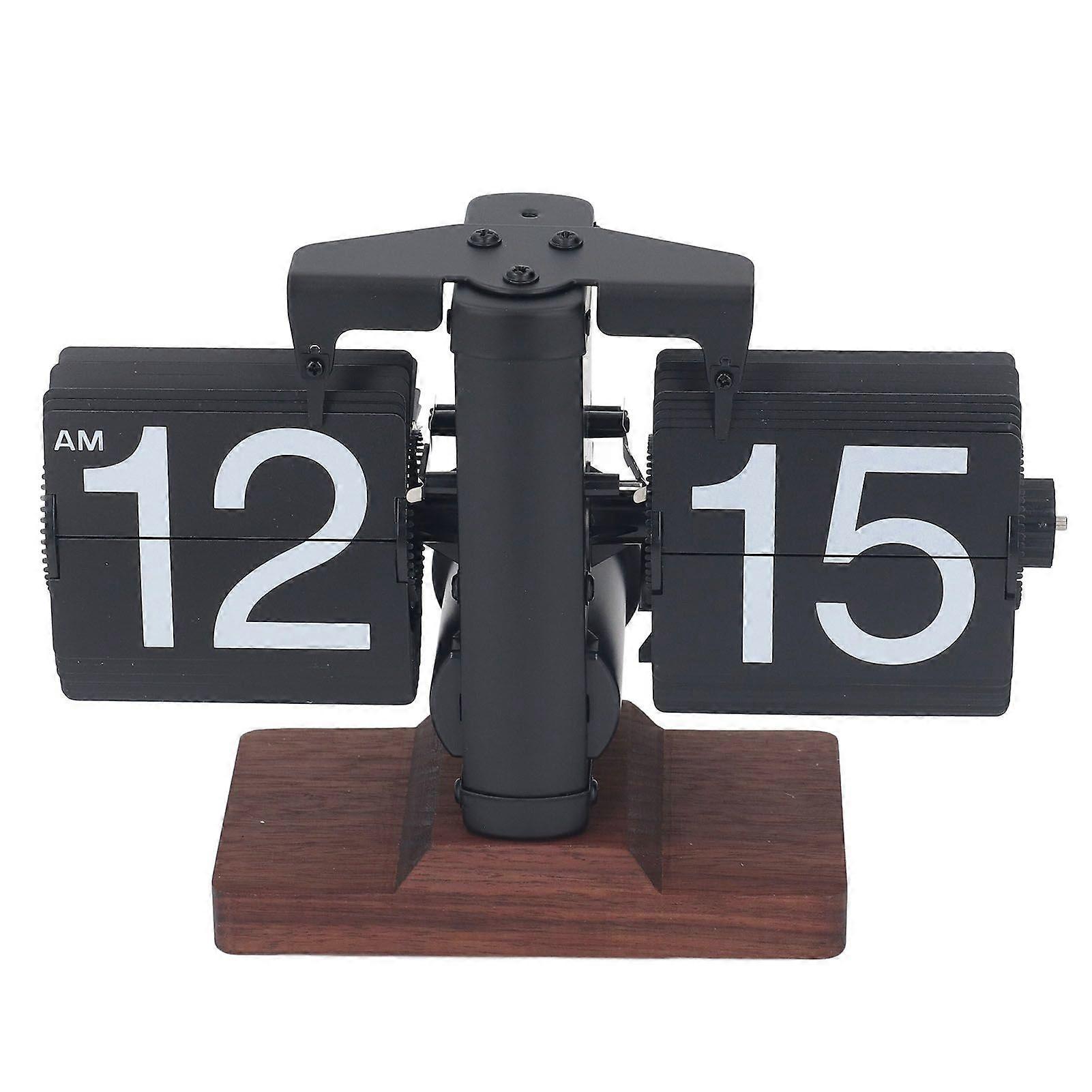 Digital Flip Desk Clock 12 Hours Single Sided Battery Powered Retro Mechanical Auto Flip Down Clock with Wood Base for Living Room Office Black Frame 