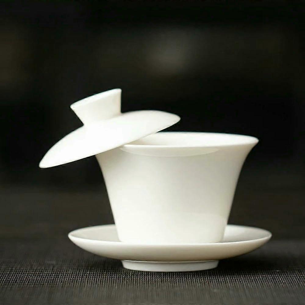Rotatable Tea Tureen Gaiwan With Hovering Jade Lid Gold Silver Mixed Finish, Zen Sheep Fat Jade Teaware Kungfu Teacup
