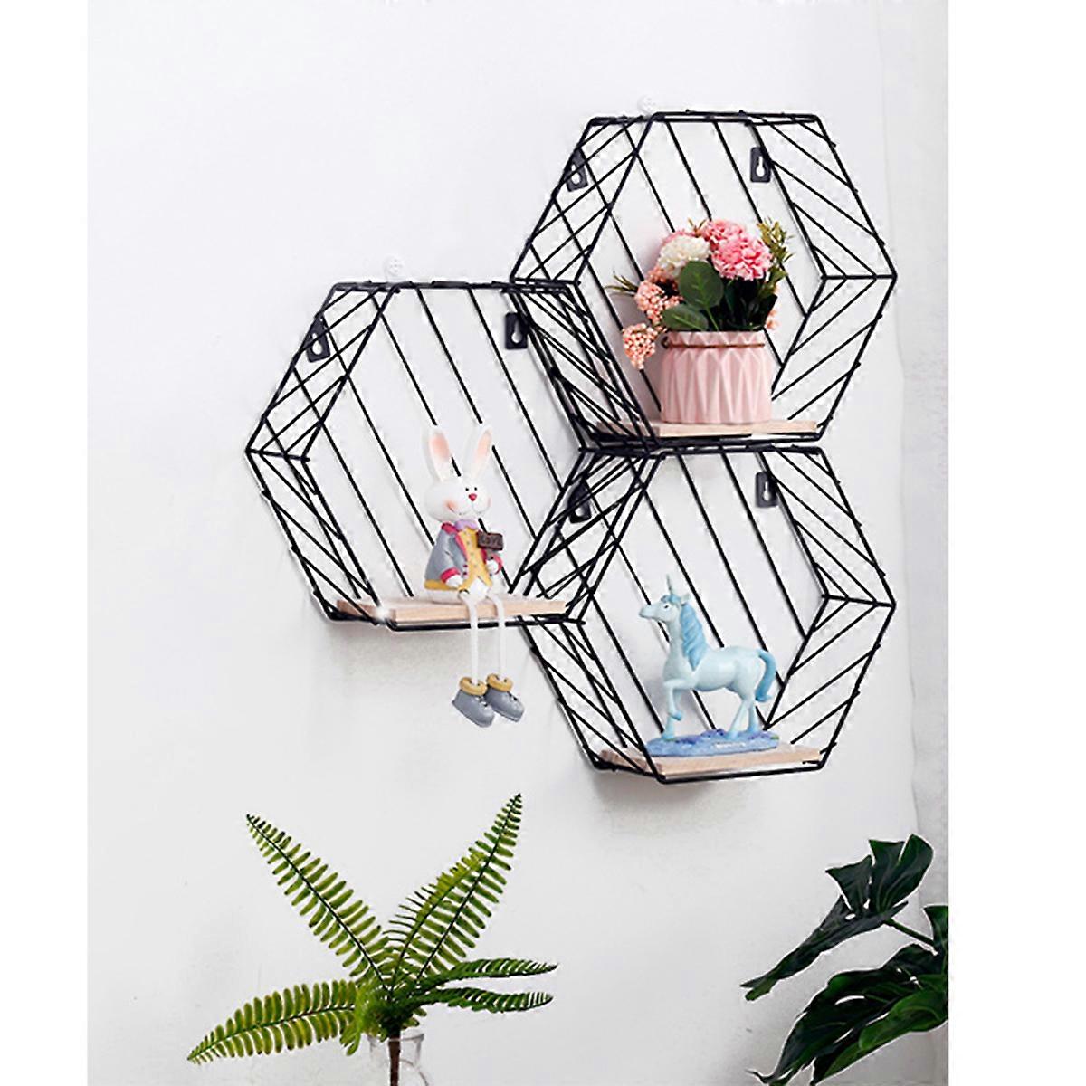 Hexagonal Wall Shelf Metal Iron and Wooden Floating Shelves for Room Decoration Black Wall Mounted Display Rack 1 Set
