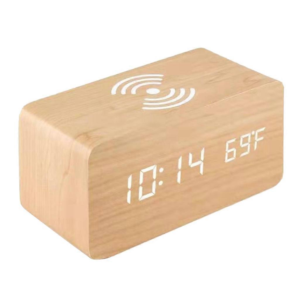 Wooden Digital Alarm Clock with Wireless Charging, LED Clock with Time, Date,Temperature, Desk Clocks