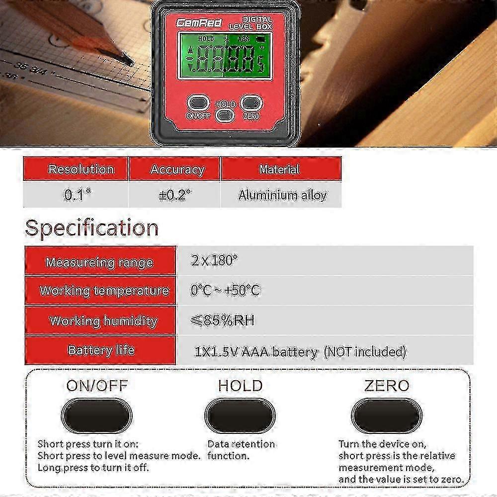GemRed Level Box Angle Gauge Digital Angle Finder Inclinometer Level Gauge Magnetic Base 25-26