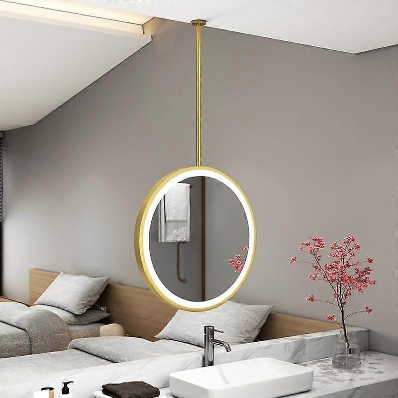 Round Hanging Mirror LED Lighted With Touch Button, Gold Metal Frame, Ceiling Mount, 3 Color Dimmable, Diameter 70 cm
