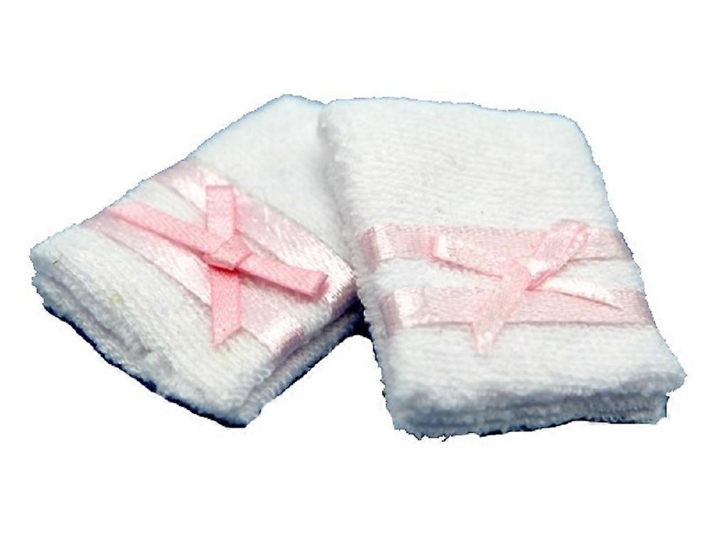 دمى البيت مجموعة من 2 المناشف البيضاء مع الشريط الوردي ملحق الحمام مصغرة