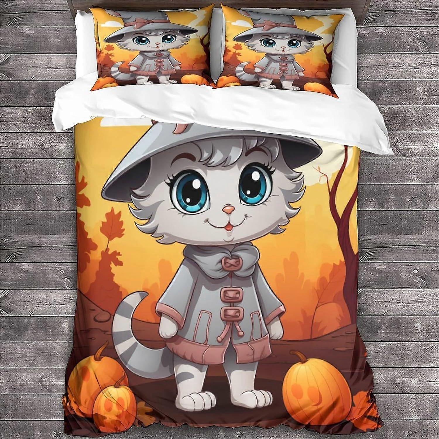 LikeEj Katt Täckeöverdrag Djurtema Påslakan Halloween Påslakan för Barn Pojke Tonåring Män, Dekorativt 3-delars Bäddset King