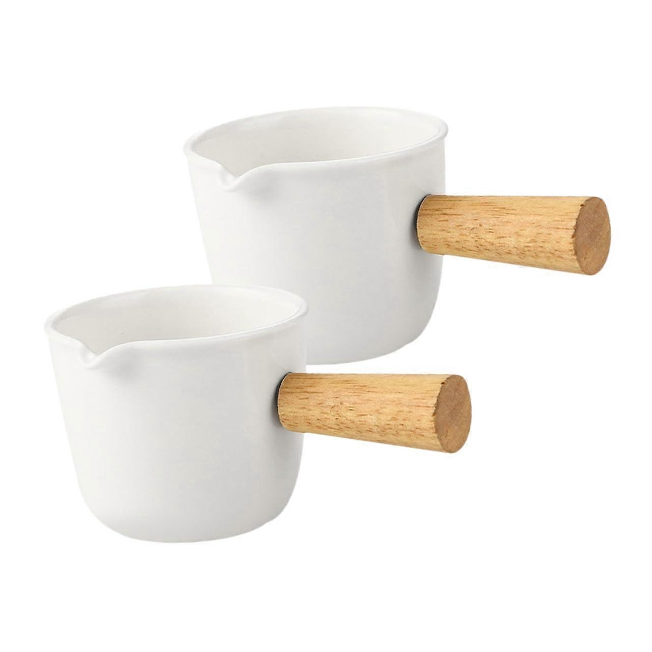 Porcelain Coffee Creamer Pitcher Set of 2 Ceramic Milk Frothing Cups with Wooden Handle for Coffee and Sauce