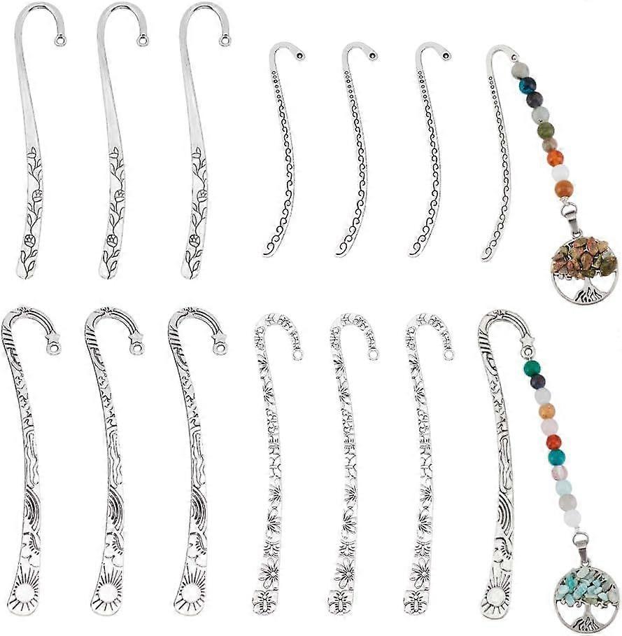 12Pcs Tibetan Style Bookmarks Findings Silver 4 Styles DIY Vintage Bookmark Unique Carved Hook Pendant Charm Book Marker with Loops for Student Teache