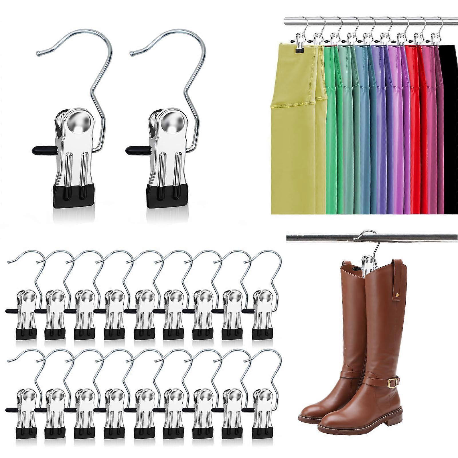20Pack Stainless Steel Boot Hanger Clips with Rubber Grip, 360° Rotating Pants and Towel Holders