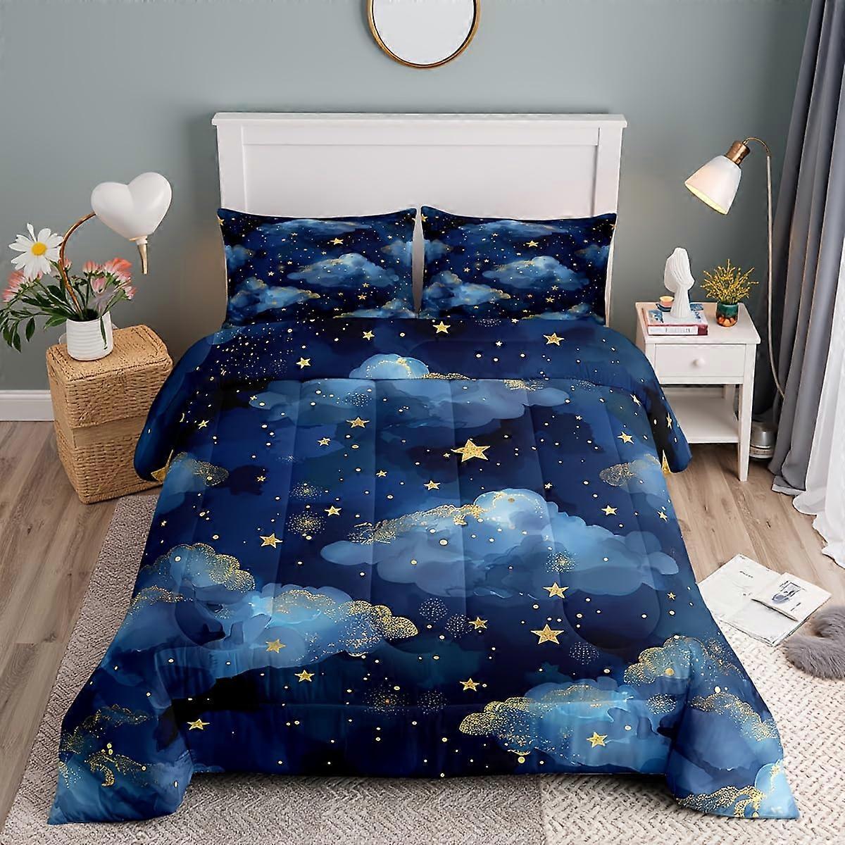 Galaxy Comforter Set Queen Size 3 Piece Navy Blue Starry Sky Bedding with Pillowcases