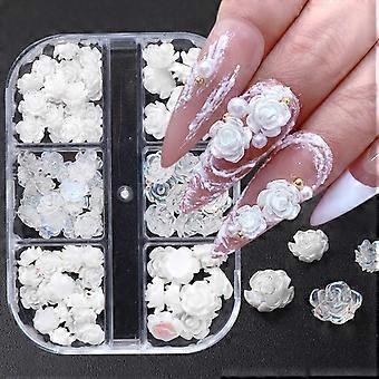 Duurzame plaknagels met witte bloem- en parelbedeltjes, Japanse/Koreaanse nagelversieringen.