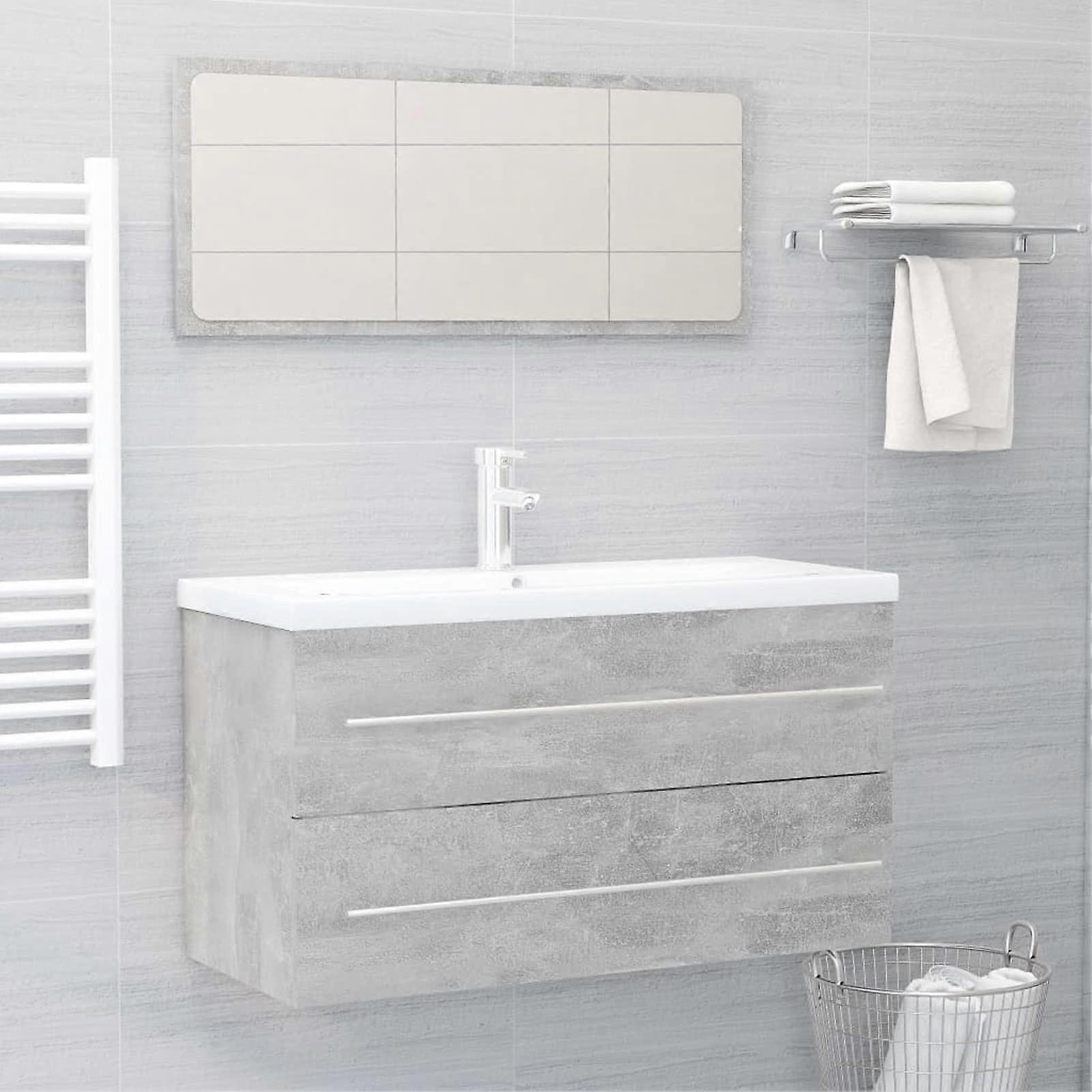 2 Piece Bathroom Cabinet Set with Mirror, Concrete Grey Engineered Wood, Ample Storage Space
