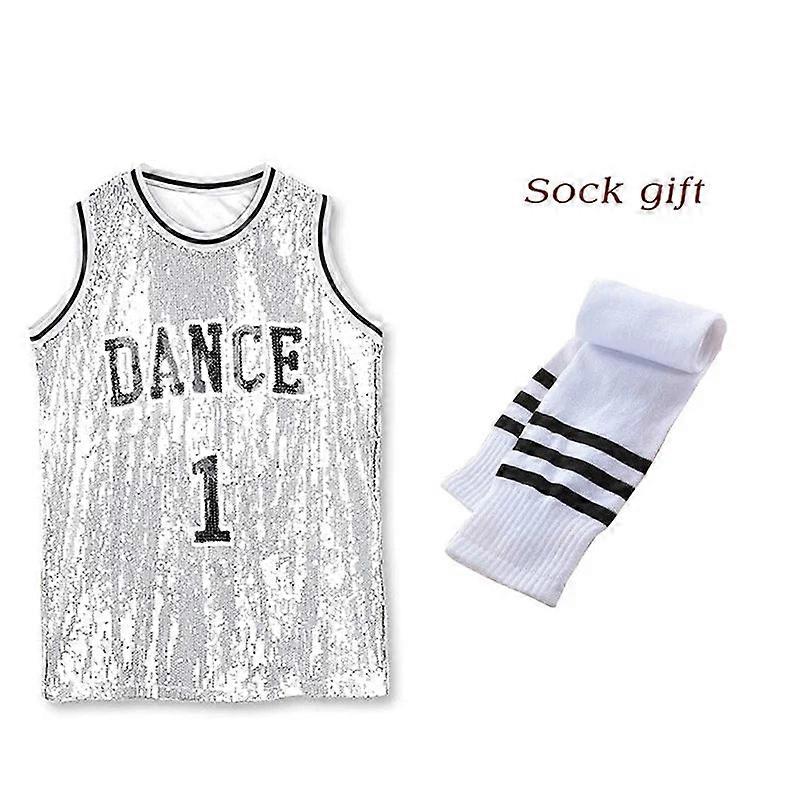 Kids Hip Hop Sequin Dance Costume Glitter Tank Top With Socks Stage Outfit 5-12