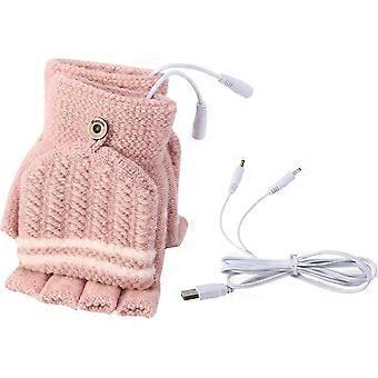 Winter handverwarmende USB-klep opladen gebreide verwarmingshandschoenen (roze) 1 paar