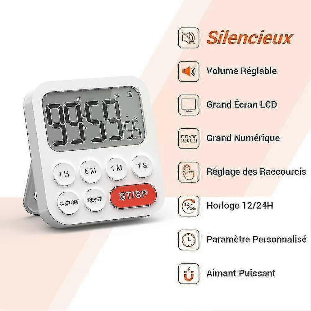 2026 Hot!! Kitchen Timer -2 PCS, Timer with Digital Clock Function, Quick Setting, Custom Mode, 3 Adjustable Vo