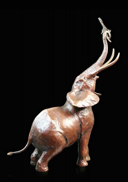 Medium Bull Elephant Holding Stick Figurine