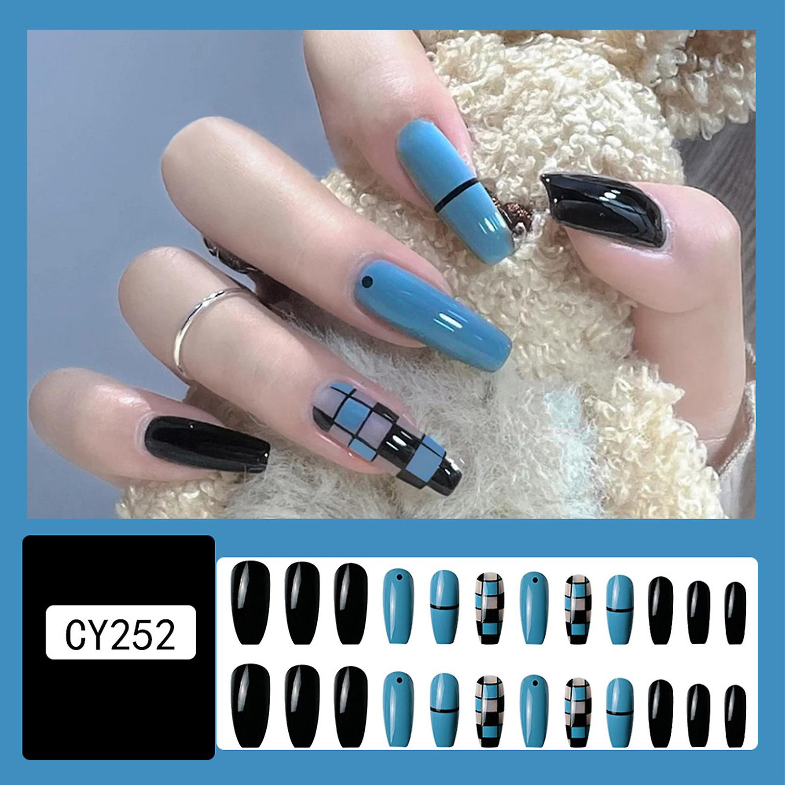 Black & Blue Checkerboard Fake Nails Low Color And Catching Look Design For Diy Nail Art Decorations Salon