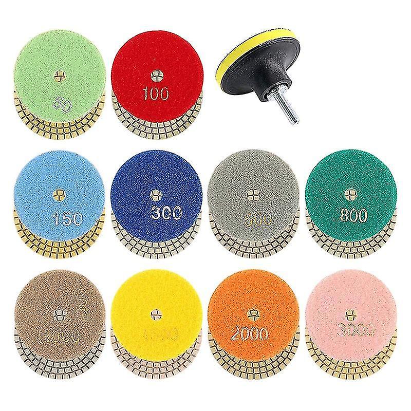 11pcs 3inch Wet Diamond Polishing Pads Set 50 to 3000 Grit and Loop Backing Sanding for Granite Con